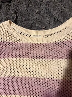 Cream and Lavender Striped Open-Knit Sweater